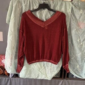 We The Free Deep Red Oversized V-Neck sheer Sweater